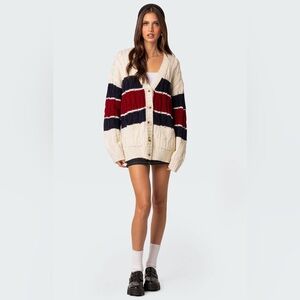 Edikted Oversized Cream Knit Cardigan with Red and Navy Stripes Button Front